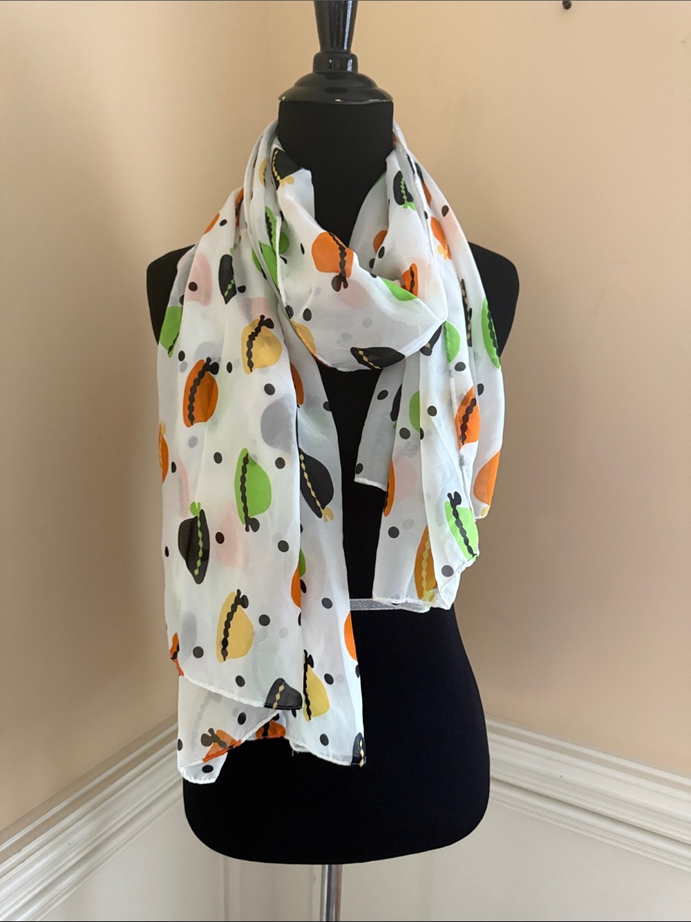 White Sheer Scarf with‎ Orange, Green & Yellow Macaron Motif